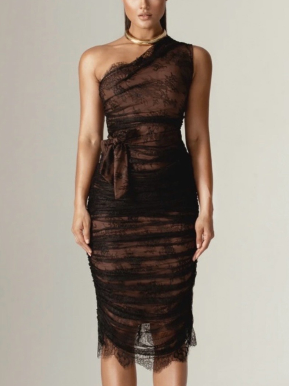NWT Alieva Fatima One-Shoulder Black Lace Ruched Midi Dress